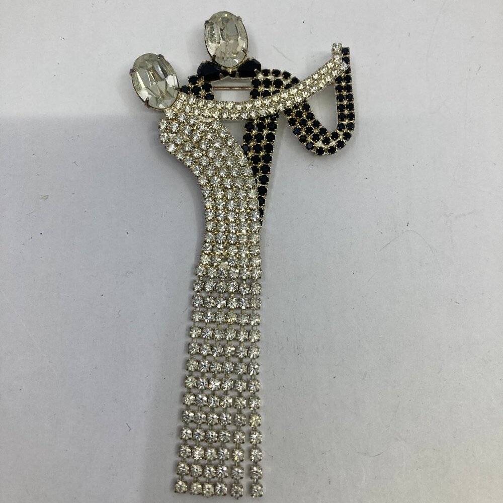 Vtg chunky dancers lovers black/clear crystal rhinestone 4 1/4' brooch